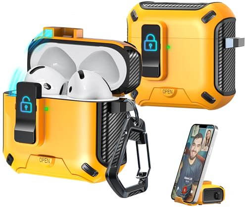 R-fun Kompatibel mit AirPods 4. Generation 2024 Kopfhörerhüllen, vollständig sturzsicheres Auto-Eject-Schutzhüllendesign, neues Ladeanschluss-Staub- und Ständerdesign,Schwarz+Gelb