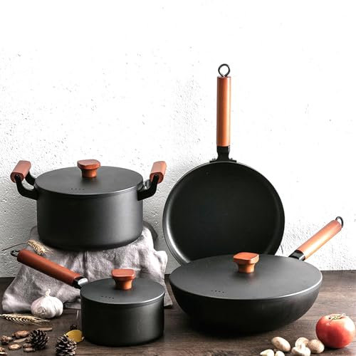 4-teiliger Küchen-Kochtopf, Antihaft-Wok mit altmodischer Beschichtung und rundem Boden, Suppentopf, Bratpfanne, Milchtopf, Kochtopf-Set, Gusseisentopf, Haushalts-Unbeschichtetes Pfannen-Induktionsset