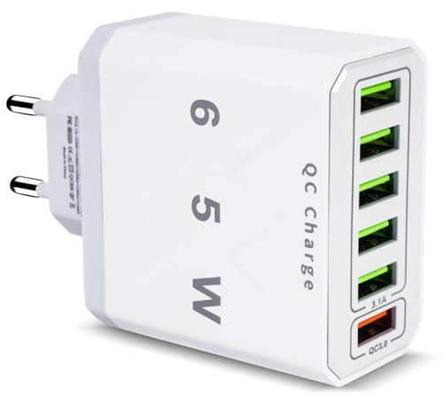 Chargeur USB Multiple, 65W 6 Ports USB Chargeur Rapide avec QC 3.0 Smart Fast Charger, Universel Adaptateur Secteur USB Chargeur pour 15 Pro Max 14 Plus 13 12 11 SE XR, iPad, Samsung