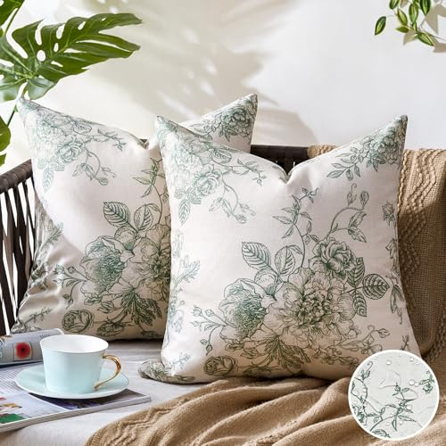 Outdoor Kissen Wetterfest Kissenbezug Wasserdichter Dekorative Kissenbezüge 40X40cm Kissenhüllen Salbeigrün Blumen Zierkissenbezug Frühling Sommer Rustikales Bauernhaus für Garten Sofa Couch 2er Set