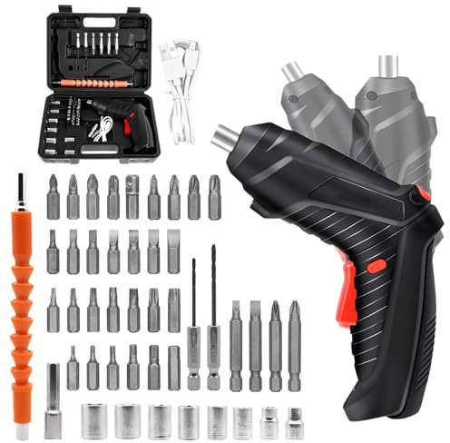 Electric Screwdriver Cordless, 47 in 1 Portable Cordless Screwdriver Set Rechargeable Cordless Drill Rotated 90 Degrees with Led Worklight and USB Cable for Home Office DIY Tools