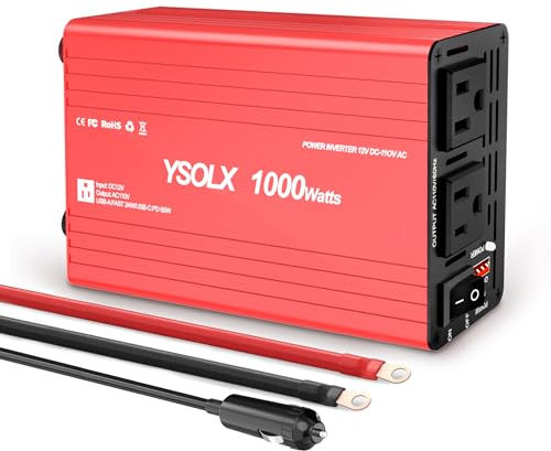 YSOLX Convertisseur de puissance 1000 W 12 V à 110 V CC à AC avec charge rapide USB 65 W, double prise secteur, onduleur 1000 W pour camions/Rv/camping/maison/urgence 12 V