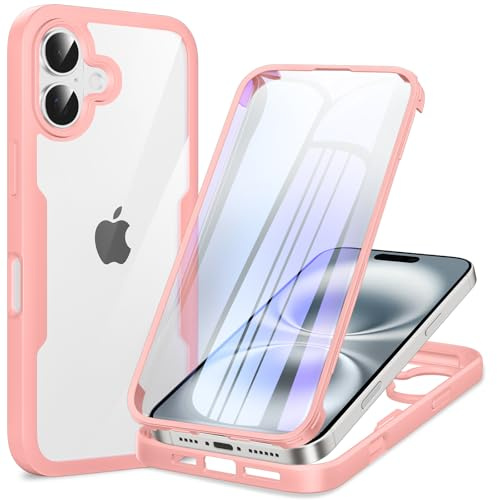 Phoona Cover per iPhone 16 con Pellicola Protettiva Trasparente, Antiurto Silicone Custodia 360 Gradi Full Body Protezione, AntiGraffio Robusta Cover per iPhone 16, Rosa