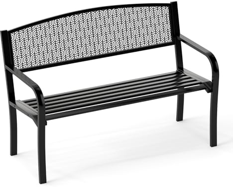 KOMFOTTEU Gartenbank für 2-3 Personen, Parkbank mit hoher Rückenlehne und Armlehnen, Metallbank mit Belastung 300 kg, Außenbank für Terrasse, Balkon, 128 x 60 x 86 cm (Schwarz)