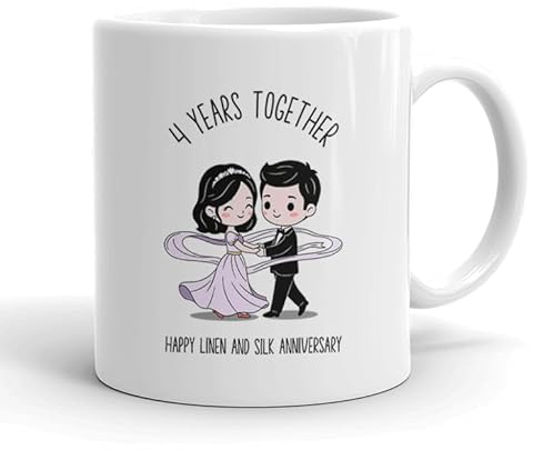 VIROSA 4 Years Linen and Silk Anniversary Mug – 11oz Ceramic Coffee Cup Gift for Husband, Wife, Couples – Fourth Wedding Anniversary Present Idea, Romantic Keepsake