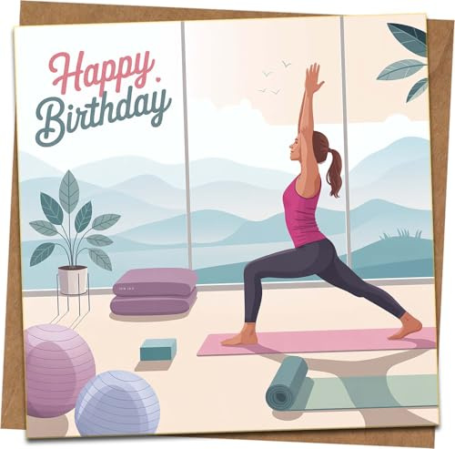 Yoga Happy Birthday Karte für Sie – 145 mm x 145 mm quadratisch – Frau macht Pose Illustration – innen unbeschriftet – inklusive Kraftumschlag – Fitness-/Yogi-Geschenk, Wellness-Gruß