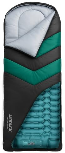 Rangland sovsäck med inbyggd dyna (AirPack sovande) – allt-i-ett uppblåsbar sovdyna och dragkedja för camping med inbyggd fotpump (svart/grön) 20 x 76 cm