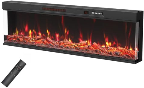 Quiniver 60 Ultra Slim 3-Sided Recessed Electric Fireplace 270° | Dual heating modes,12 colour adjustable 3D flames,timer function,quiet operation,child lock safety,touch & remote control