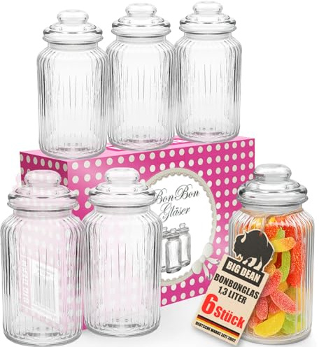 BigDean Bonbonglas mit Deckel 1300ml 6 Stück Vintage Vorratsgläser für Candy Bar Hochzeit Party Küche Spülmaschinenfest Aufbewahrungsgläser in Geschenkverpackung