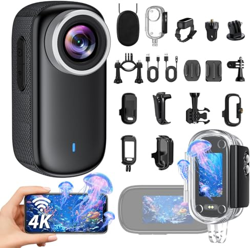 Action Cam 4K WiFi, Mini Bodycam 32GB 150° Weitwinkel Video Sportkamera Körperkamera, Helmkamera Motorrad, Wasserdicht bis 30M Actionkamera mit Display für Vlog Outdoor Sportarten Reisen und Haustiere