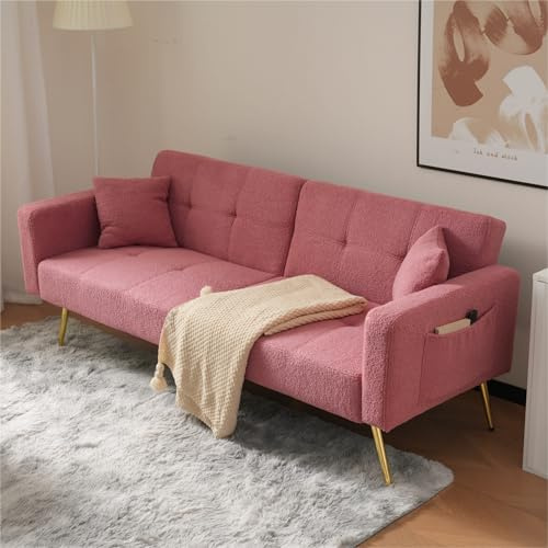 Sapgaks Canapé Convertible 2 Places avec Dossier réglable,oreillers et Poches de Rangement latérales,Canapé lit avec Fonction Sommeil,Pieds dorés,canapé 2 Places (Rose)