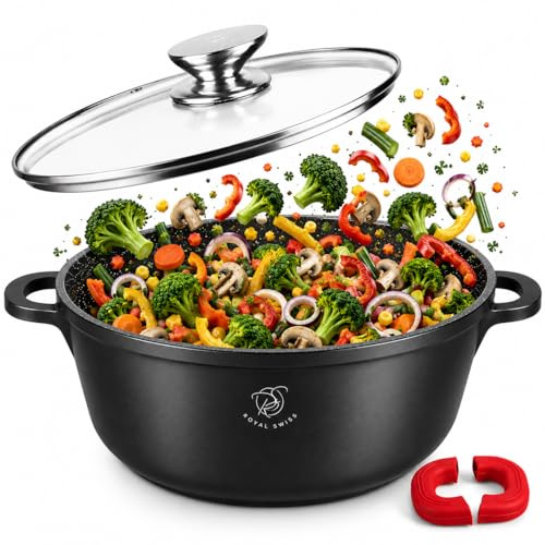 Royal Swiss Faitout 44 cm 25,5 L – Grande Cocotte Fonte d’Aluminium Antiadhésive, Couvercle Verre, Compatible Induction & Four, Cocotte XXXL pour Grandes Préparations, Fond Inox Intégral, Noir