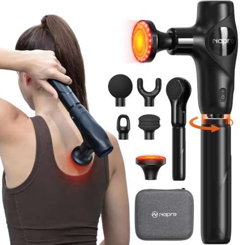 Massagepistole mit Wärmefunktion und Rotes Licht,NAPRE 3-in-1 Mini Massage Gun Massage Pistole mit Abnehmbar Verlängerung,Muskel Percussion Massagegerät für Rücken Nacken Körper,Ultra-Leise & Klein