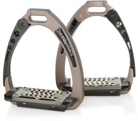 Equinate Sicherheitssteigbügel Velocity 12cm Braun - Leichte Aluminium Steigbügel mit Sicherheitsarm und Rutschfester Edelstahltrittfläche - Für Erwachsene und Kinder - 2 Stück