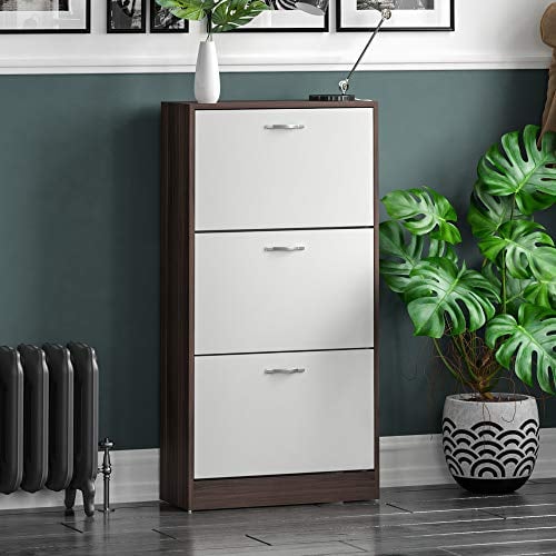 Vida Designs 3 cajón Zapatero Armario de Zapatos de Almacenamiento Organizador Pull Down Unidad de Muebles de Madera, Madera de Nogal y Blanco