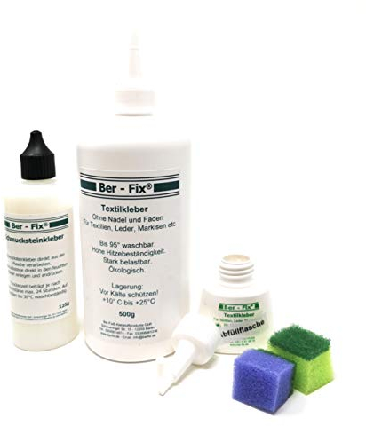 Ber-Fix Stoffkleber Set (500g Textilkleber waschmaschinenfest transparent mit 125g Schmucksteinkleber) zum Reparieren und Dekorieren