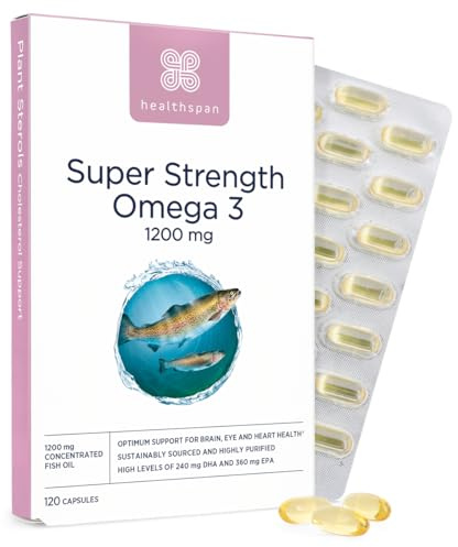 Healthspan Super Strength Omega 3 1,200mg | Brain, Heart & Eye Health | 240mg DHA & 360mg EPA per Capsule| Highly Purified to Remove Toxins | Sustainably Sourced Fish Oil (120 Capsules)