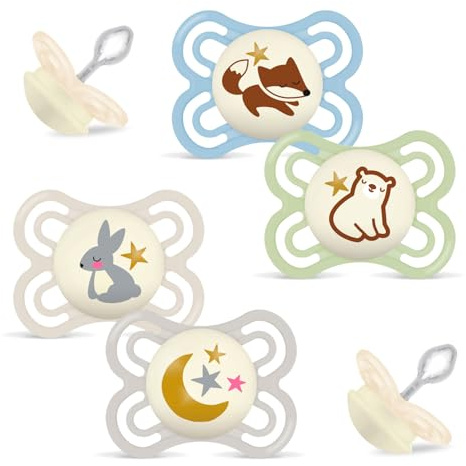 MAM Babyartikel Perfect Night Schnuller, leuchtend, 0-6 Mo Uni // 4er Set // inkl. 2 Sterilisiertransportboxen