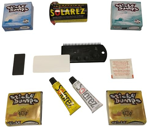 Sticky Bumps Wax Plus Solarez UV-Härtungsharz-Ding-Reparatur-Set plus 2 Stangen Tropical, 1 Basislack, 1 Cool und ein Flexcomb zur Reinigung Ihres Boards