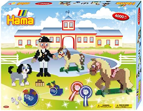 Hama Perlen 3151 Geschenk-Set Reiterhof mit ca. 4.000 bunten Midi Bügelperlen mit Durchmesser 5 mm, Motivvorlage und 2 Stiftplatten, inkl. Bügelpapier, kreativer Bastelspaß für Groß und Klein