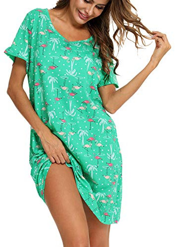 ENJOYNIGHT Nighties for Women Cotton Nightdress Sleep Tee Short Sleeves Print Nightshirt Soft Sleepwear Loungewear (X-Large,Green Flamingo)
