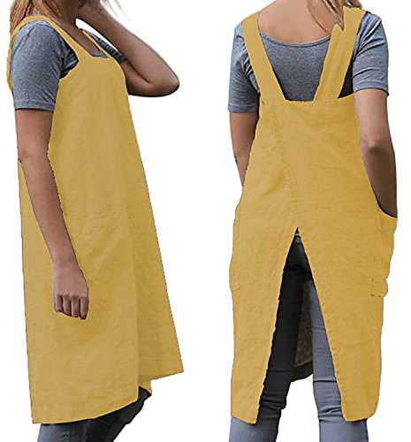 Damen Schürze mit überkreuzten Rücken, mit großen Taschen, für Zuhause, Küche, Restaurant, Café, Kochen und Gartenarbeiten, gelb, Medium