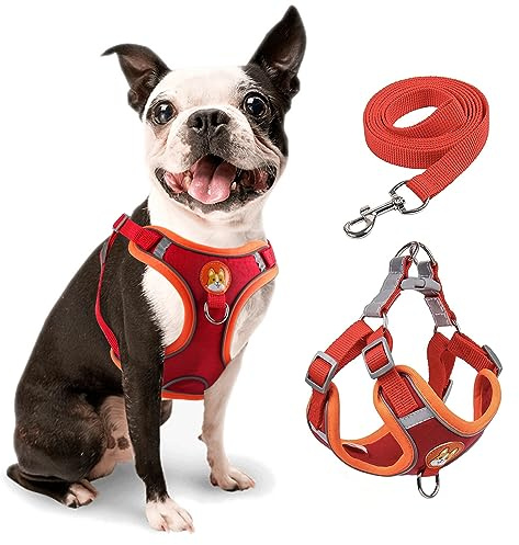 rennaio Hundegeschirr Kein Ziehen, Verstellbares Welpengeschirr mit 2 Leinenclips, Reflektierendes Hundegeschirr und Leine Set für kleine und mittelgroße Hunde (Rot, M)