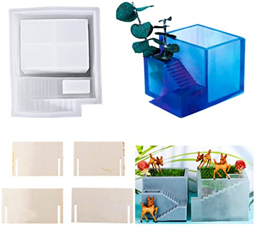 KyeeaDIY 5PCS Flower Pot Resin Moulds Silicone Moulds DIY Plant Pot Epoxy Resin Moulds Ornament Candle Holder Epoxy Casting Mold Stair House Mold Micro Landscape Crafts (Small Mold)