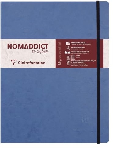 Clairefontaine 794464C - Notizbuch My.Essential Age Bag, Format B5 (19x25 cm), mit Fadenbindung, 96 Blatt nummeriert, liniert, Papier elfenbein 90g, Blau, 1 Stück