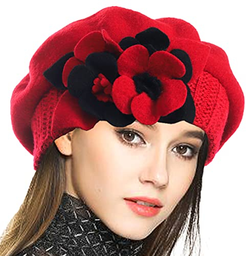 VECRY Damen 100% Wolle Französische Baskenmütze Blumen Strickmütze Schädelkappe Kleid Wintermütze (Rot,M)