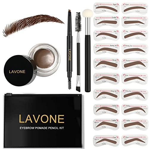 LAVONE Eyebrow Stamp Kit, Waterproof Brow Pencil,Pomade,Stencils-Dark Brown