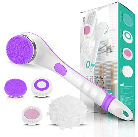 VOYOR rückenbürste duschbürste körperbürste Elektrisch rückenbürste mit langem stiel Wasserdichte Wiederaufladbare mit 4 Reinigungsköpfen für Spa Shower Exfoliating massagebürste BC100 (Purpurrot)