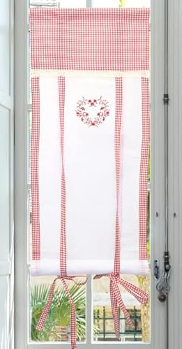 Autrefois Rideau Enrouleur et Brise bise, Lin brodé, Voilage Broderie, Style Charme,Decoration pour fenetre de Cuisine, Salon, Vichy (Rouge, 80 x 160 cm)