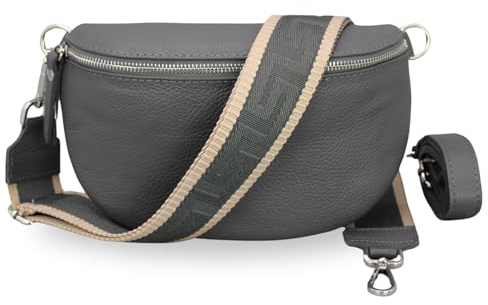 BRISE Bauchtasche Damen Echtleder SAHEL Silber Handgemachte Umhängetasche Crossbody Bag Hüfttasche mit Ledergurt + Optionalen Breiten Gemusterten Riemen Made in Italy (Dunkelgrau-Silber 3)