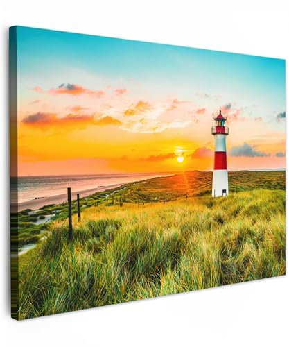 MuchoWow© Wandbilder 70x50 cm Schlafzimmer Home Deko Wohnung Bild Wohnzimmer Fotoleinwand Wand Bilder auf Leinwand Wall Decor Gemälde Wandbild Leuchtturm - Sonne - Gras - Strand - Meer - See