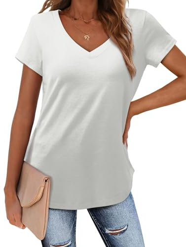 Amoretu Camiseta para mujer, informal, cuello de pico, camiseta de verano, suelta, manga corta, Blanco, XL