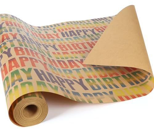 HBell Birthday Wrapping Paper Roll,15m Colourful Happy Birthday Wrapping Paper,Recyclable Kraft Gift Wrapping Paper for Boy Gilrs Men Women BirthdayDecorations