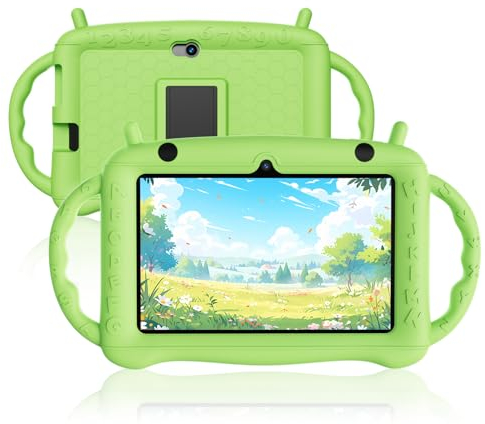 Semeakoko Tablet Bambini 7 pollici Android 12, 2+32 GB (128 TF), Kids Tablet con Controllo Genitori, Doppia Fotocamera, Bluetooth, WiFi, Custodia Protettiva, APP bambini, YouTube (Verde)