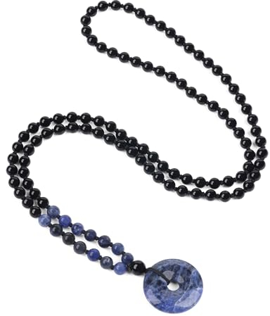 COAI Malakette 108 Mala Halskette mit handgeknüpften Natürlichen Edelstein Onyx und Sodalith Perlenkette und Sodalith Ping'an Kou-Anhänger für Herren Damen