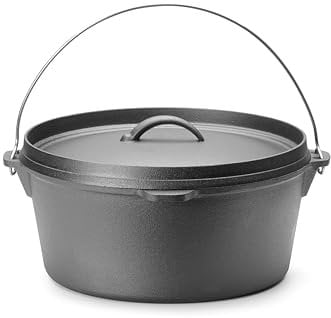 HENDI Olla de hierro fundido, caldero de brujas, con tapa y asas, para uso en fuego abierto, horno, cocina de gas, inducción, eléctrica, vitrocerámica, horno holandés, 7,2L, ø310(H)155mm