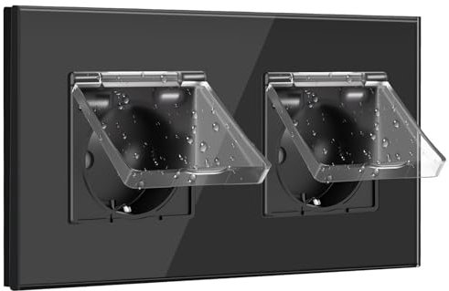 BSEED Enchufe USB, Enchufe Pared Schuko con Tapa Impermeable, Enchufe USB C 2 Gang, Enchufe Doble 16Amp Negro, Enchufes de Extensión