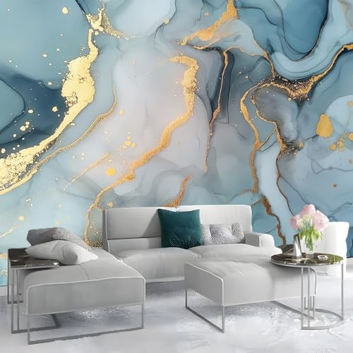 Papier Peint Intissé Panoramique 3D Marbre Texturé de Luxe Premium Gris Bleu Or pour Salon Chambre Enfant Décoration Murale Moderne Poster Tableaux Photo Muraux 350 x 256 cm