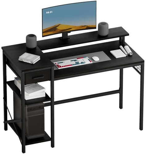 Oak & Tea Gaming Desk 120x52 cm - Computer & Office Desk with Drawers, Standing Desk with Monitor Stand & Storage Shelves for Study, Gaming, Work - Black Home Office Desk