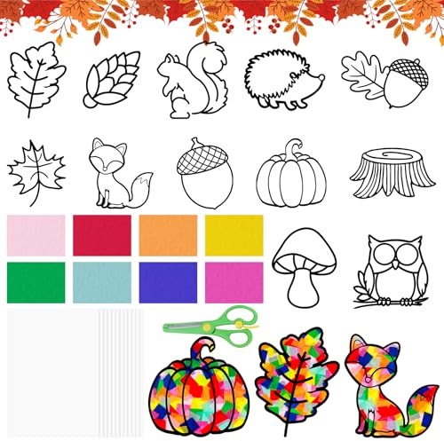 Draupnir 12 Stück Herbst Bastelset, Herbstdeko Basteln Set, Bastelvorlagen Fensterbilder Herbst, Tiere, Ahornblätter, DIY Basteln Deko für Thanksgiving, Halloween, Weihnachten