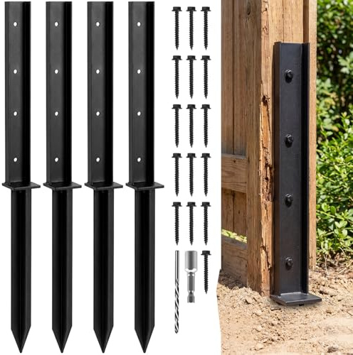 Fence Post Repair Kit, 4 PCS 81 cm Heavy Duty One-Piece Steel Repair Stakes with Screws and Drill Bit for Broken, Leaning or Rotten Wooden Fence Posts