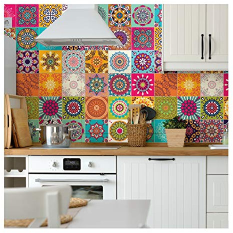 60 Stickers muraux Cuisine - Sticker Mural - Carreaux de Ciment adhésif Mural - Stickers Muraux azulejos - Sticker Carrelage adhesif Mural Salle de Bain 10 x 10 cm - 60 PCS Carreau de Ciment adhesif