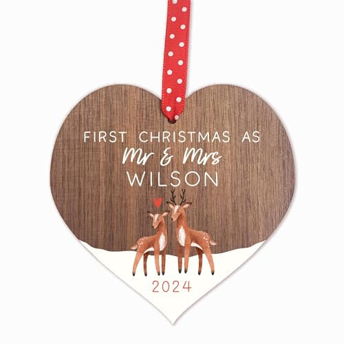 First Christmas as mr and mrs decoration bauble | personalised married wood tree for 1st wedding gifts keepsake for him or her