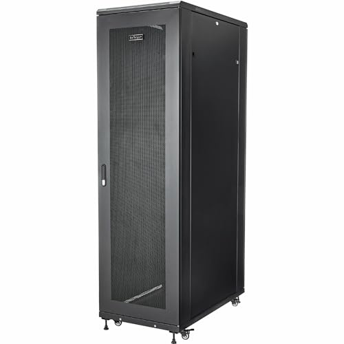 StarTech 42U 4-Post Server Cabinet, 91cm Deep, 900kg, Black (RK4236BKB) | 19in enclosed enterprise steel rack, Adjustable depth 6in-36in, Lockable mesh doors, Vented top, 900kg