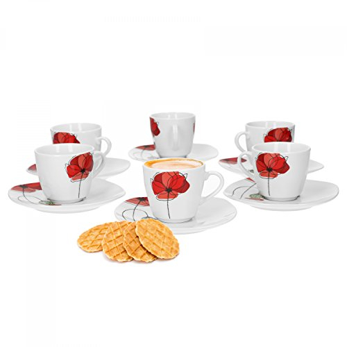 Van Well Monika 6er Set Espressotasse + Untertasse, Espresso-Set, Blumendekor, edles Marken-Porzellan