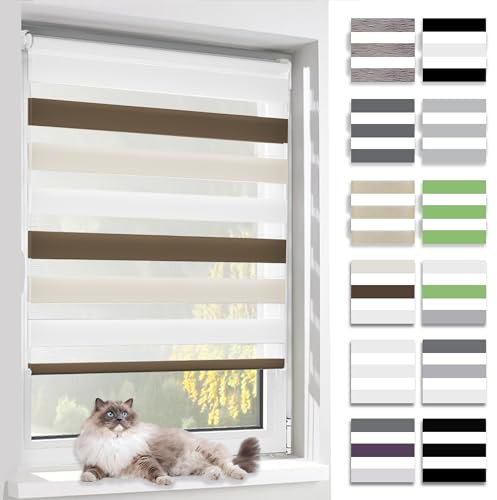 BelleMax Doppelrollo Klemmfix ohne Bohren & mit Bohren, 55x150cm(BxH), Weiß Creme Braun, Duo Rollo, Sonnenschutz lichtdurchlässig Blickdicht, Klemmrollo Fensterrollo, Rollos für Fenster und Tür